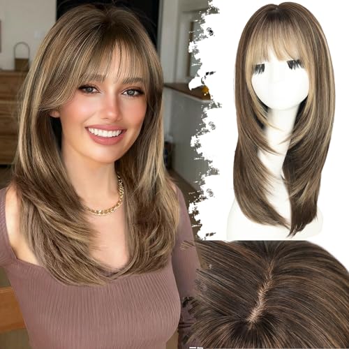 Eawwii Wig with Bangs for Women Brown Blonde Highlight Straight...