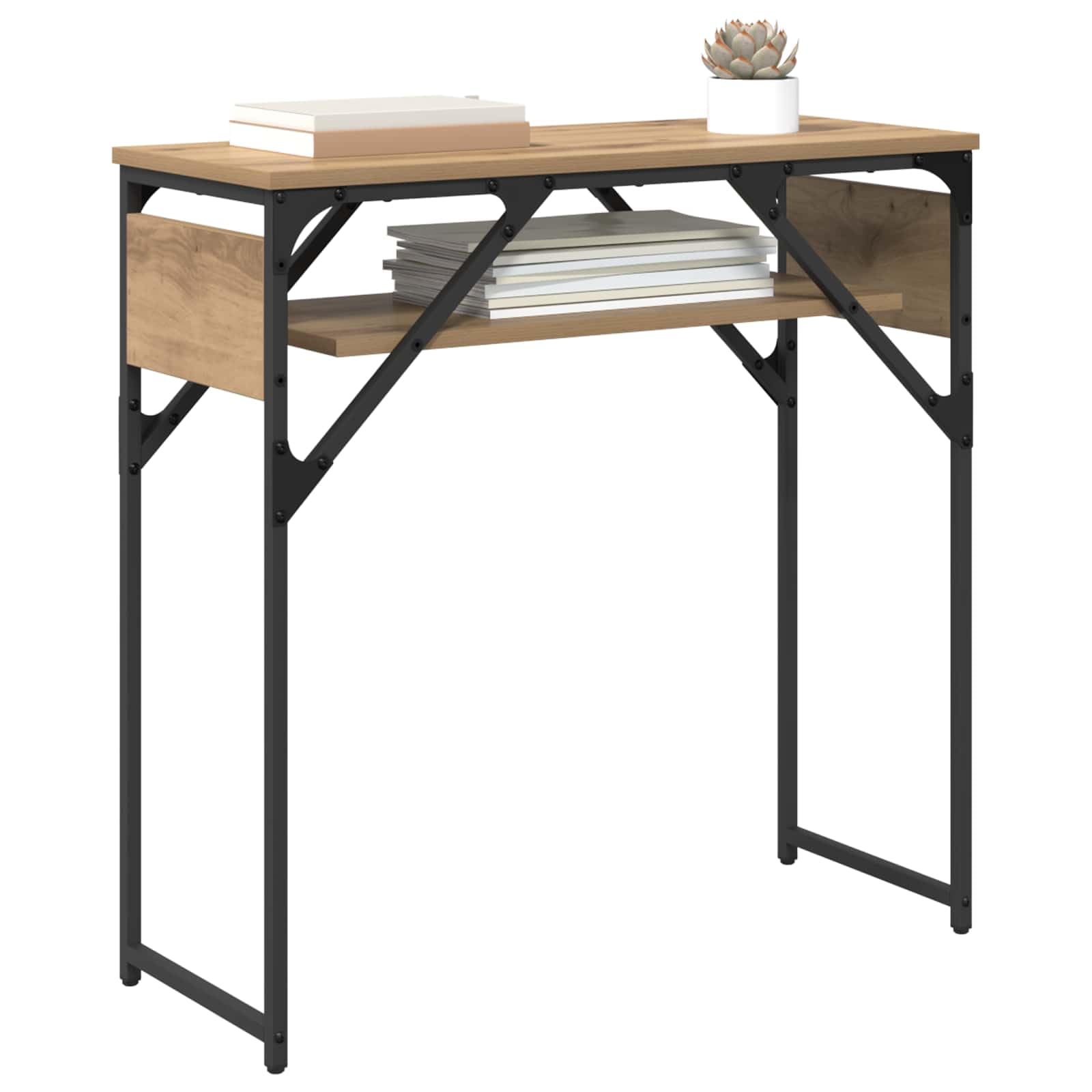 Tavolo consolle in rovere Artisan, 75 x 30 x 75 cm, con 2 ripiani, spazio per ufficio e home office, design robusto per studio, salvaspazio e durevole, in stile industriale