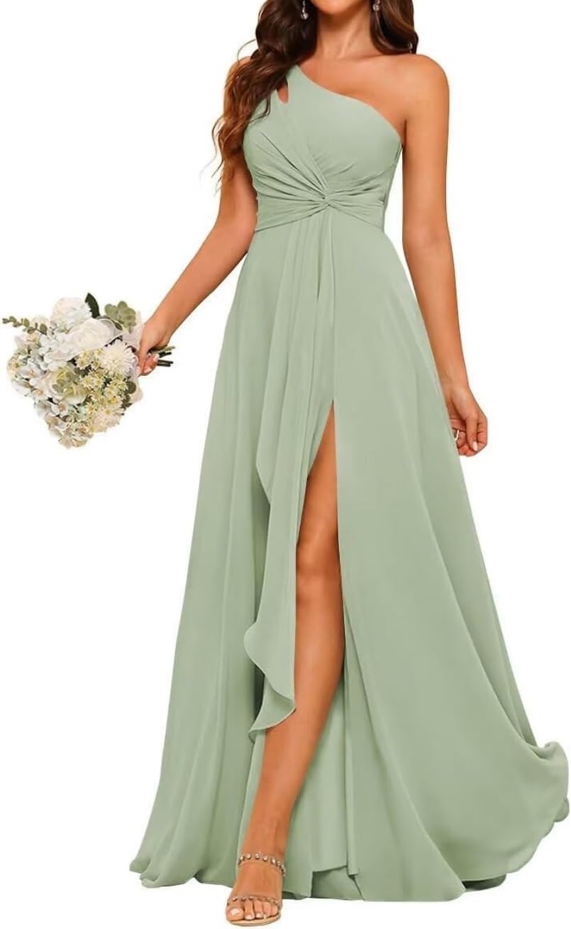 Vestido de dama de honor con un hombro descubierto, sin mangas, largo de gasa, formal, vestido de fiesta de boda
