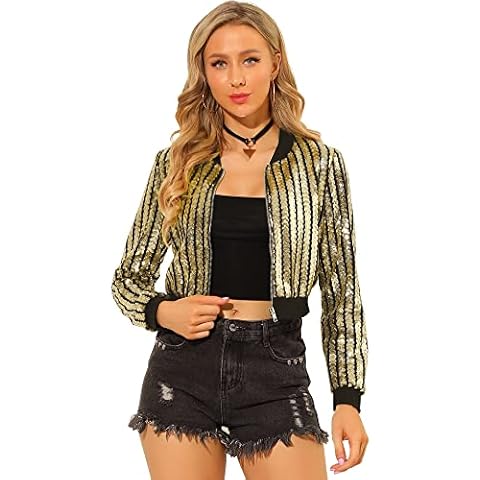 Allegra K Women's Sequin Crop Bomber Jacket Cover