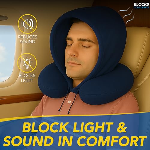 Image of Goodyear Travel Pillow with Hood - Neck Support for Comfortable Travel, Hooded Neck Pillow for Flights and Road Trips, Navy