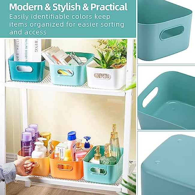 Wenqik 12 Pcs Plastic Storage Bins Storage Basket with Handles Toy Organizers and Storage Containers for Home Cupboard Kitchen Office Bathroom Pantry Organization Box(Bright, 9.6 x 6.3 x 3.9 Inch)
