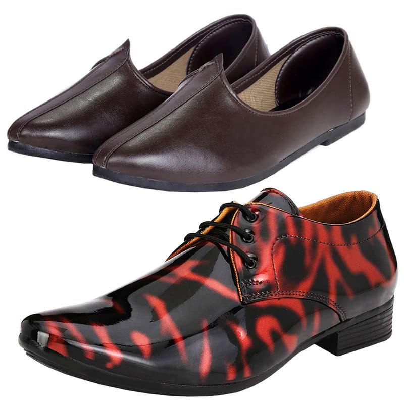 Tanding/Fashionable Men Black Red Formal Shoes with Black Jutti Combo-image-16