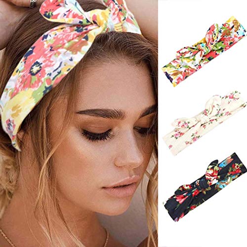 Woeoe Boho Turban Yoga Printed Headbands Bow Knotted Black Stylish Hair Bands Elastic Knotted Head Wraps for Women and Girls (Pack of 3)