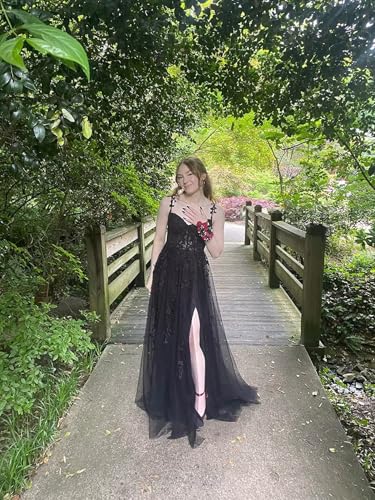 YOFF V Neck Tulle Prom Dresses Long Sparkly Lace Evening Gown with Slit Spaghetti Straps Formal Party Dress YO0353