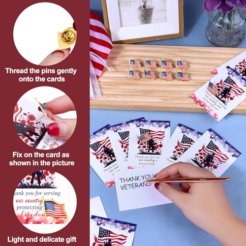 Image of 80 Set Memorial Day Pin Veteran Gifts Bulk American Flag Lapel Pins Thank You Veterans Cards and Organza Bag Patriotic US Flag Pin for Women Men Veterans Independence Day Decoration