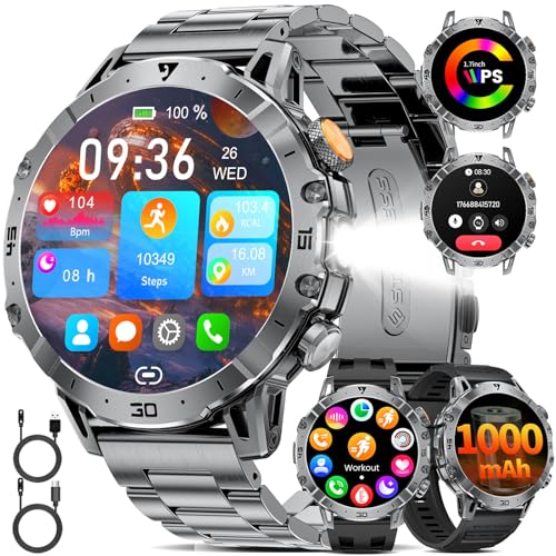 Smartwatch Herren Militär, 1000mAH Großer Akku, 1,7”HD Großes Display mit Telefonfunktion, LED Taschenlampe Fitnessuhr mit 110+ Sportmodi, Herz-/Schlaftracking, 3 Armbändern, IP68 Sportuhr iOS/Android