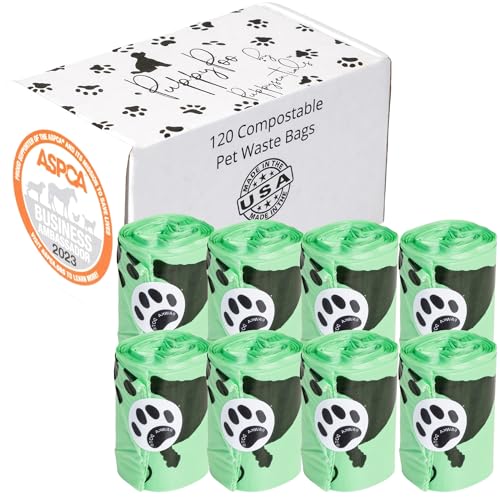 PUPPYSENTIALS 120-Count Dog Waste Bags, Large Puppy Poo Bags - Made in the USA, Leak-Proof, Odor Blocking, Extra Thick Dog Waste Bags, Compostable Poop Bags