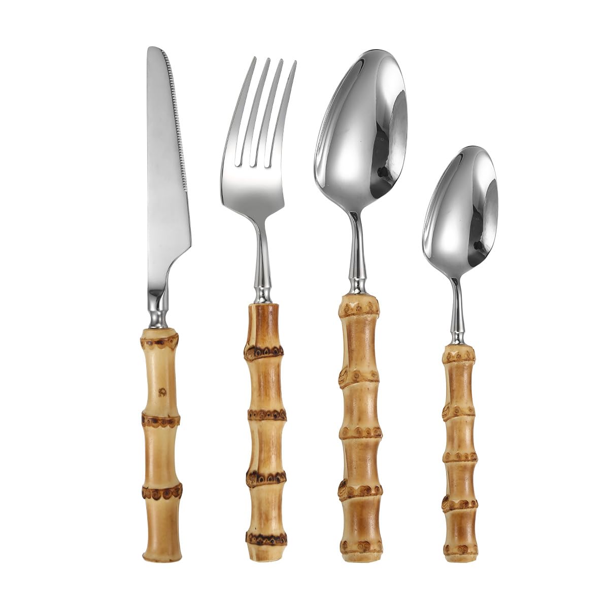 Juego de Cubiertos de Plata (4/16/24/32/40/48 Piezas), Mango de bambú Natural 304, Cuchillo, Tenedor y Cuchara de Acero Inoxidable, vajilla de Hotel, Cuchillo para Carne, Plateado (32 Piezas)