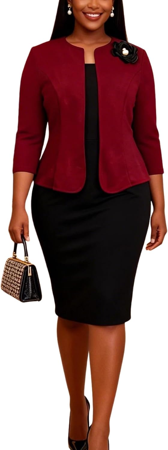 AOMEI 2 Piece Church Suits for Women Spring 3D Flower 3/4 Sleeve Jacket Sleeveless Dress Suit Formal Wedding Guest Outfits