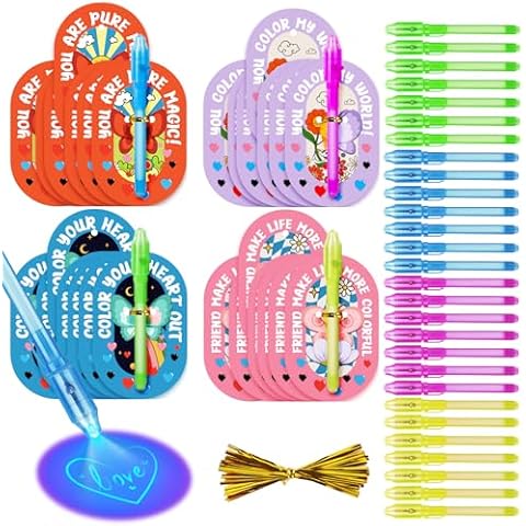 Feltom 28 Pack Valentines Day Gifts for Kids with Invisible Disappearing Ink Pen, Spy Pen for Secret Message with Valentines Day Cards, Valentine Classroom Exchange Prizes Party Favor Cover
