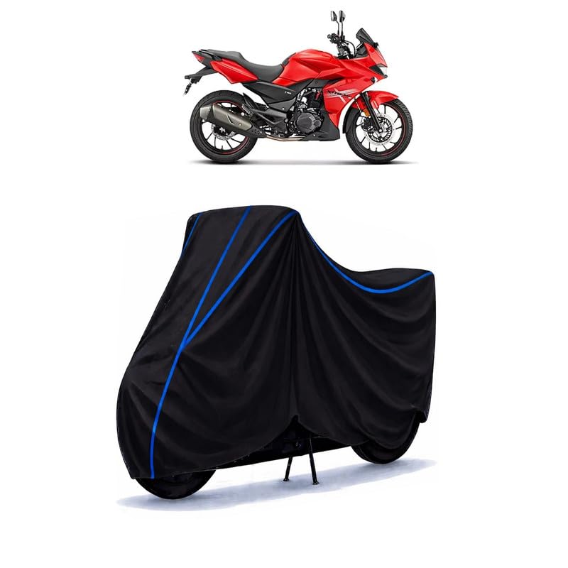 Image of Hero Xtreme 200 S Bike Cover Water Resistant Universal Motorcycle Rain | Heavy Duty UV Protection, Dust, Scratch Indoor Outdoor All Weather with Black Blue Piping Elastic