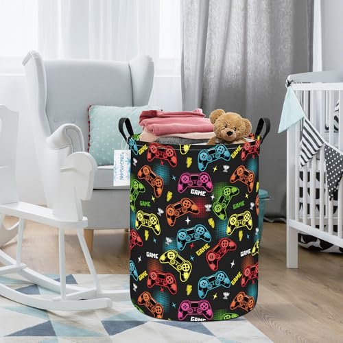 Image of Round Laundry Basket Collapsible Storage Hamper Organizer Game | Waterproof Canvas Foldable Baskets with sturdy Handles Multi-scene Organizer for Home Play Bedroom Gift Bin