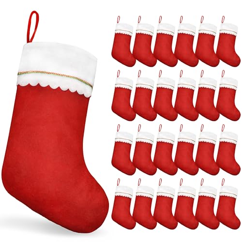 VFZILH Lot de 24 chaussettes de Noël classiques de 45 cm - Rouge et blanc - Avec bordure dorée - Chaussettes de Noël classiques pour cheminée, sapin de Noël et décorations de vacances