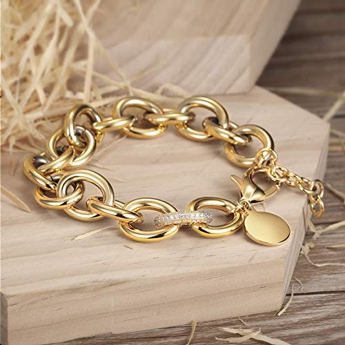 Jinbaoying Cz Wide Cuban Curb Link Bracelets For Women Adjustable Extenders Chunky Bracelet Gold Silver Rose Gold Plated Stainless Steel Link Charm Chain With Round Disc Charm (Plus Disc Gold) #TOP1