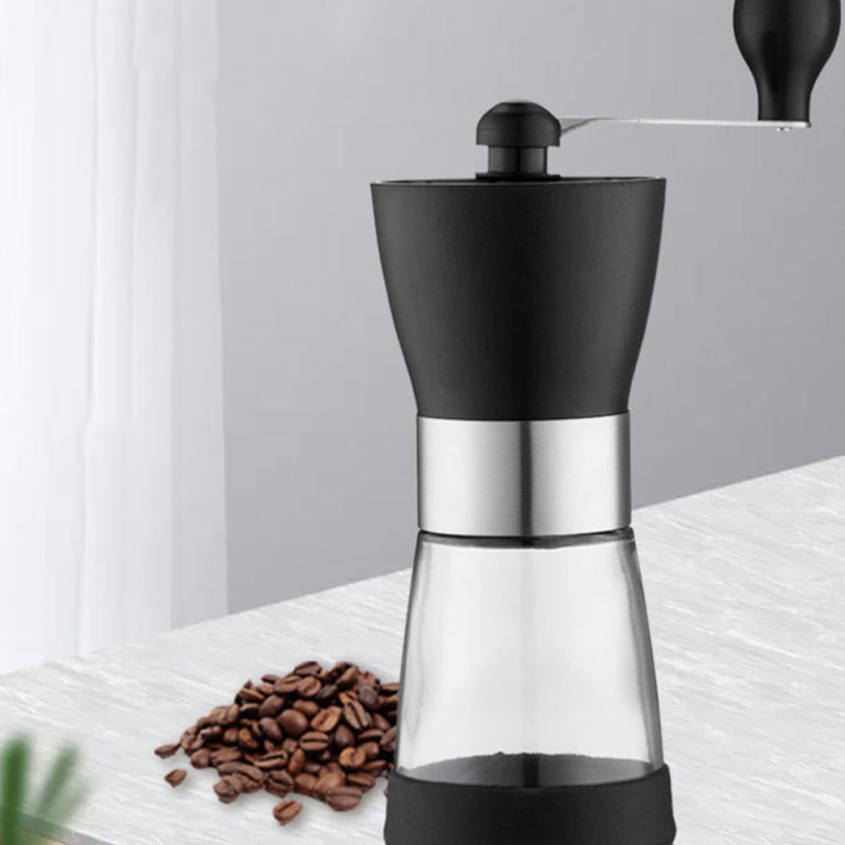Molinillo de Café de Acero Inoxidable Recipiente de Vidrio Sellado Portátil Manual Ecológico y Resistente para Granos, Adecuado para Oficina y Cocina