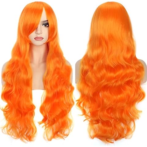 YEESHEDO 32" 80 cm Orange Long Wavy Curly Hair Cosplay Wigs with Bangs for Women Girls Heat Resistant Synthetic Wig for Party Costume Anime Halloween (Bright Orange) Cover
