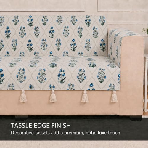 Image of STITCHNEST 'Eden Weaves Collection Series' 3 Seater Sofa Cover | Full Coverage with Armrest Pockets | Elegant Woven Fabric, Decorative Tassels, Washable & Durable for Modern Living