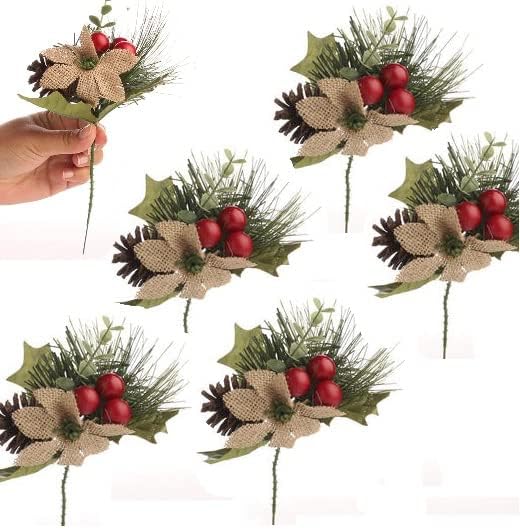 Factory Direct Craft 6pcs Christmas Plaid Burlap Poinsettia and Berry Picks for Holiday Decorations and Floral Designs | Size: 8-1/2" H
