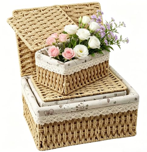 DAHI 3 Pièces Panier en Osier avec Couvercle - Panier Rangement Rectangulaire à Motif Floral - Corbeille Tressé Empilables - Boite Rotin pour Salle de Bain, Cuisine, Décor Maison