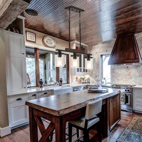 Twig Wood Island Light For Kitchen/Restaurant,3-Light Farmhouse Dining Room Fixture/Chandelier Over Table/Bar,Matte Black Industrial Linear Pendant Lighting Fixtures Ceiling Hanging With Glass Shade-E26 thumb #4