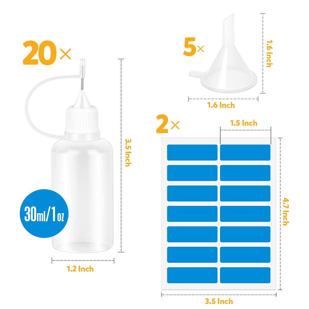 20PCS Plastic Precision Tip Applicator Bottles, FANDAMEI Needle Tip Squeeze Bottles for Craft Glue & Alcohol Ink, 5 PCS Mini Funnels, 28 PCS Sticky Notes, for Painting Quilling Oiling, 30 ML/1 OZ