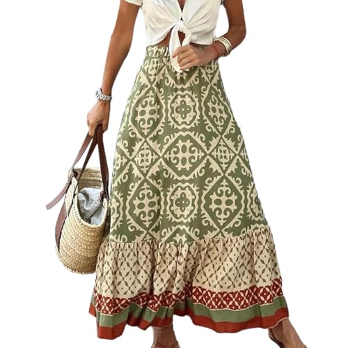 EMOTTOS Boho Falda Larga para Playa y Vacaciones, Elástica, Verde, XL