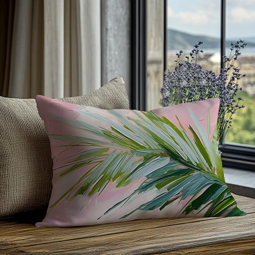 Image of Summer Pink and Green Tropical Palm Leaf Decorative Throw Pillow Cover Decor 12x20,Palm Leaf Botanical Decorative Lumber Beach Plant Throw Pillow Cover for Cabin Couch Double-Sided