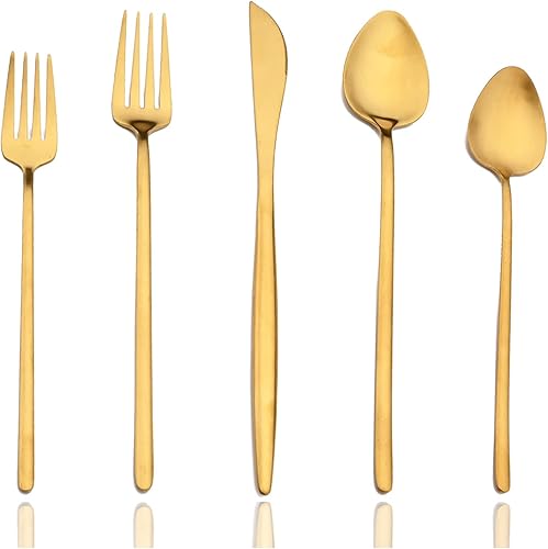 JASHII Juego de cubiertos modernos Juego de cubiertos de 20 piezas de oro mate Juego de cubiertos de acero inoxidable 304 cepillado Mango