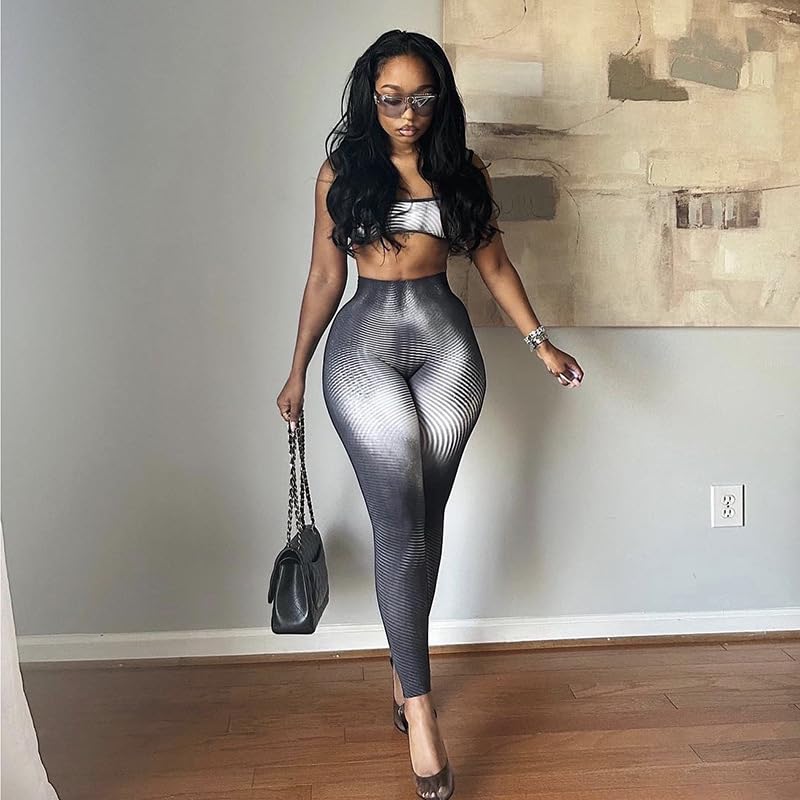 THLAI 2 Piece Sweatsuit for Women Sexy Gradient Color Crop Tank Top Long Bodycon Pants Sets2