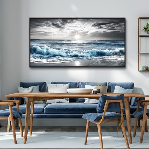 KELIYUAN Wall Decor For Living Room Canvas Wall Art For Bedroom Office Black And White Pictures Beach Wave Scenery Murals Artwork For Modern Stretched and Framed Beach Posters Home Decor 20"X40"