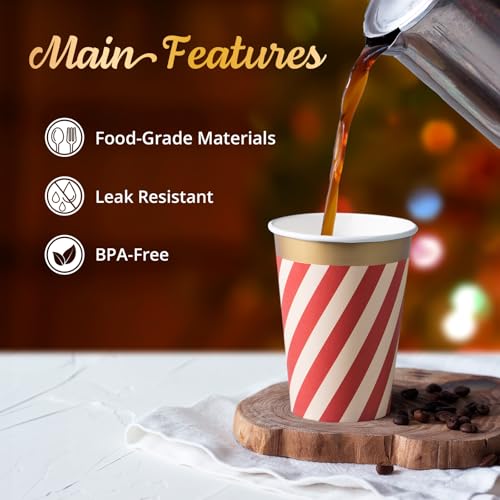 Image of Confettiville Disposable Paper Coffee Cups, Bulk 50-Pack, Christmas Party Supplies Treat Cups, 12 oz Hot and Cold Cups for Restaurants and Parties, Red and Green Diagonal Stripes, Gold Foil