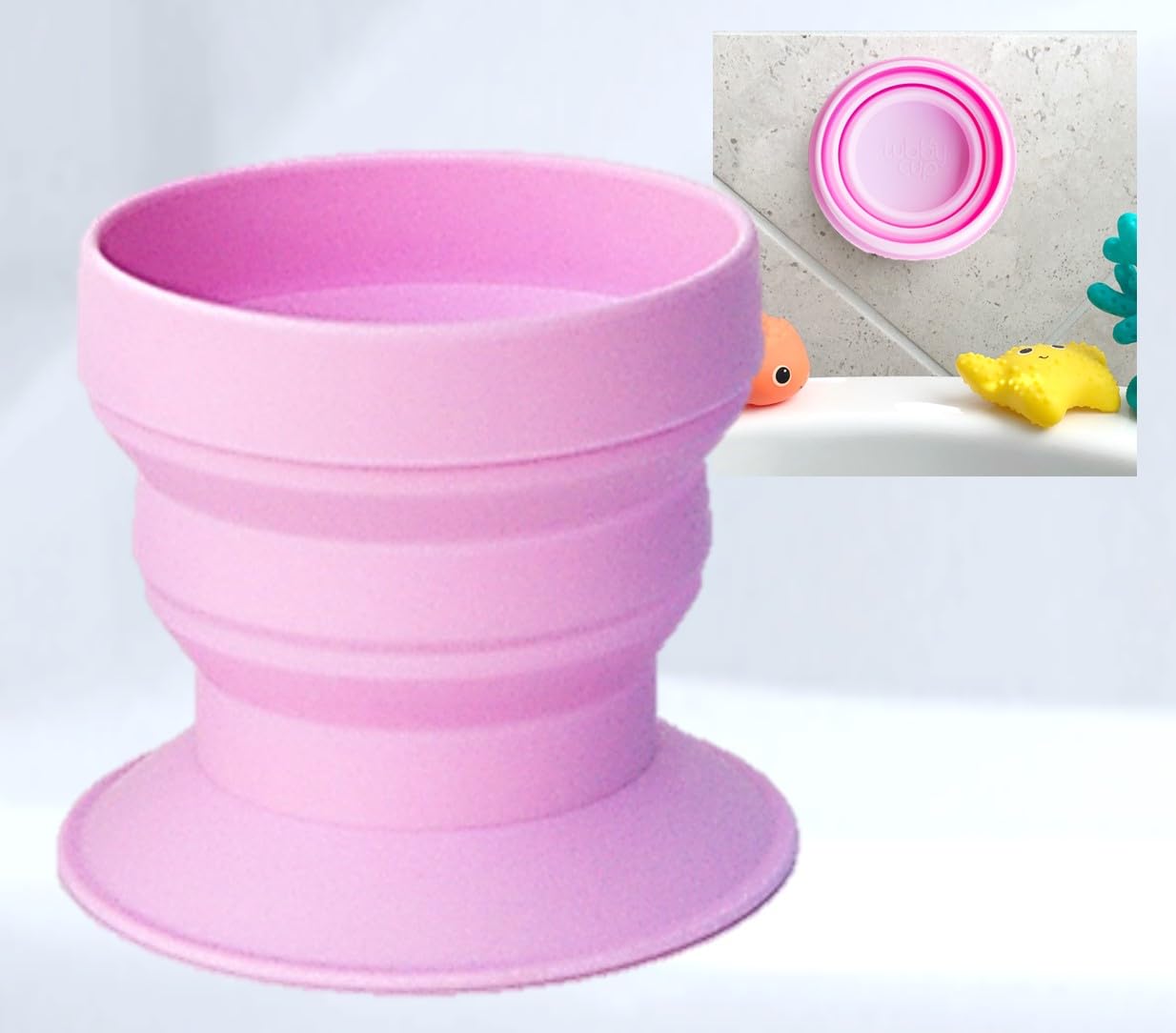 TubbyCup Baby Bath Rinse Cup, Collapsible & Convenient Space Saving Bath Cup with Suction Base, Sticks to Tub or Tile. Soft, Flexible, Makes Bath Time