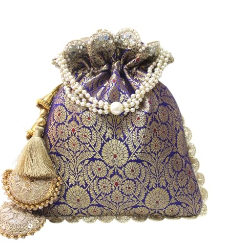 Image of MILAN'S CREATION Pure Banarasi Potli Silk Brocade Bag Purse Drawstring Women's handbag with Pearl Handle & Tassel Weddings