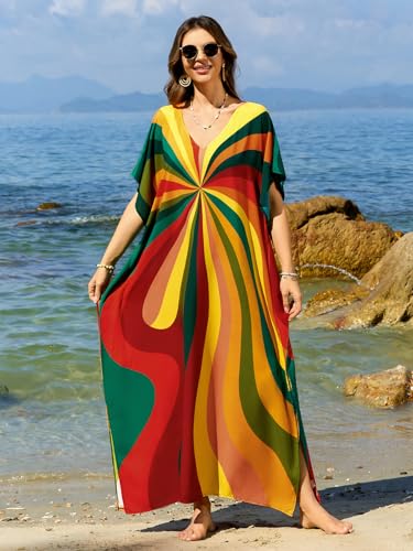 Image of sunforyou Kaftan Dresses for Women Plus Size Lightweight Swimsuit Cover up Batwing Sleeve Print Loungewear Beach Robe