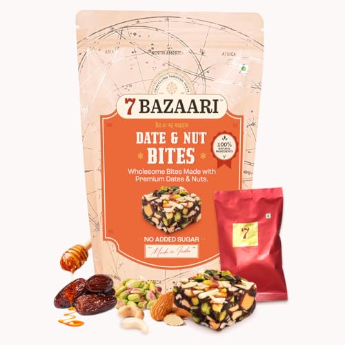 Image of 7 BAZAARI Date & Nut Bites - Dates Sweet with Pistachios, Cashews, Almonds, Honey & Pure Ghee Healthy Dry Fruit Barfi No Added Sugar, Gluten-Free Snack, Natural Energy Bites 10pcs-15g each Pack of 1