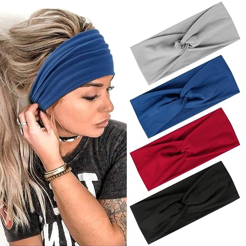 AKTVSHOW Headbands for Women Knotted Headband Elastic Head Bands Women's Hair Band Non-Slip Turban Printed Stylish Sport Sweat Hair Wrap for Girls Cute Hair Accessories 4PCS