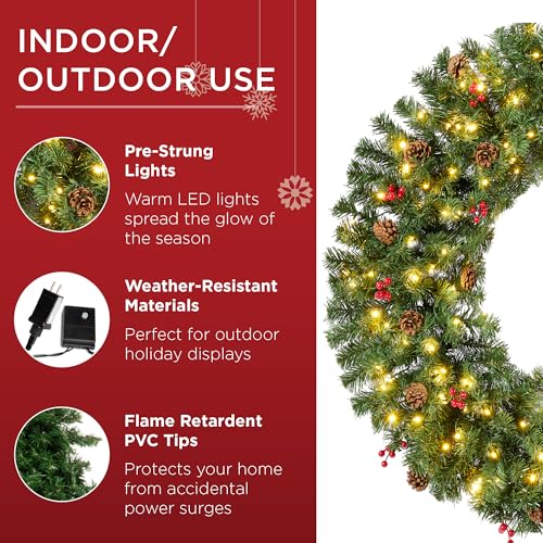 Image of Best Choice Products 36in Pre-Lit Christmas Wreath w /Berries & Pinecones, Large Artificial Indoor /Outdoor Decor for Door, Mantel, Plug-in