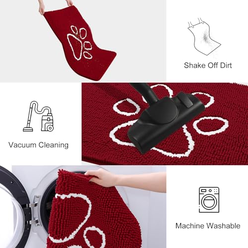 Image of Smiry Dog Door Mat for Muddy Paws, Absorbent Dirt Trapper Non Slip Quick Dry Washable Chenille Mat for Mud Dogs, Entry Rug for Indoor and Outdoor (48x30 Inches, Red and White)