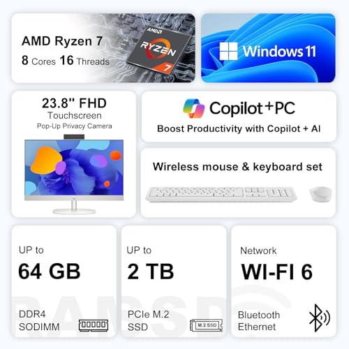 Image of HP 24 inch FHD Touchscreen All-in-One Desktop Computer, AMD Ryzen 7 7730U, 32GB RAM, 2TB SSD, AMD Radeon Graphics, Wireless Mouse & Keyboard, Bundle with 64GB Flash Drive, Windows 11 Home