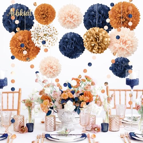 Image of AOBKIAT Burnt Orange Fall Party Decorations for Thanksgiving & Halloween | Baby Shower,Bridal Shower,Celebration,15PCS with Orange Navy Blue Gold Peach Tissue Paper Pom Poms,Party Garland String