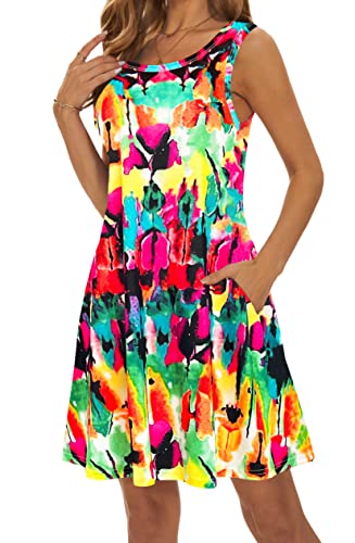 Image of Summer Dresses for Women 2026 Casual Sundresses Beach Cover Ups Sleeveless Tshirt Swing Dress with Pockets