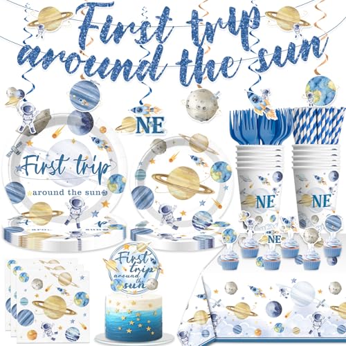 152 PCS First Trip Around The Sun Decorations Boy Tableware Set Include First Trip Around The Sun Banner, Cake Topper, Plates and Napkins, for Boy 1st Birthday Decorations, Service 20 Guests