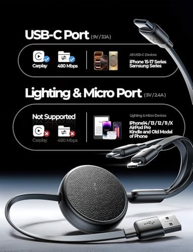 LISEN Multi Charging Cable, 3 in 1 Retractable Charging Cable, Retractable Car Charger with Type C/L/Micro USB Ports for iPhone 17 16 15 14 Pro/Samsung Galaxy S25/Kindle, Car Accessories, 2 Pack - 5