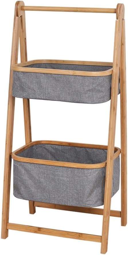 2 Tier Fold Out Hamper Shelf Storage, Fold Bamboo Laundry Hamper, Freestanding Clothes Hamper Organizer, Removable Baskets, for Bathroom, Bedroom, Laundry, Nursery