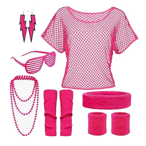 MUNSKT Déguisement Année 80 Femme T-shirt Resille Colliers Boucles d’oreilles Accessoires De...