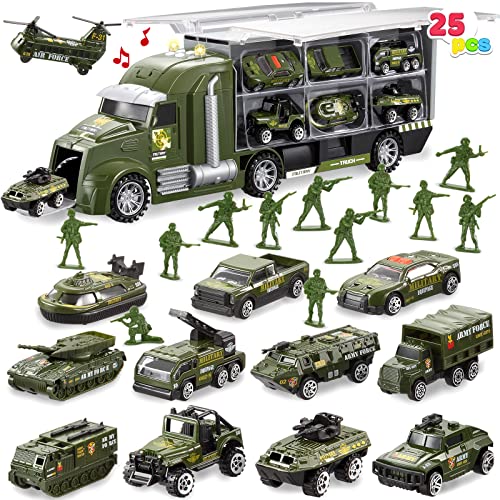 JOYIN 25 in 1 Green Army Men Toys, Military Big Truck Toys, Army Tanks Set with Soldier Men, Mini Battle Car Toy in Carrier Truck with Lights and Sounds, Gifts for Toddler Kids Boys Ages 3+