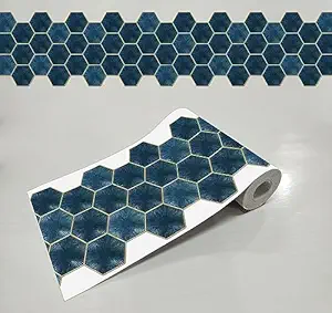 WallDesign Teal Blue Hexagon Self-Adhesive Tile Stickers for Cupboard, Panel, Cabinet, Furniture, Table, Glass, Wall - 6.25 in X 10 Ft Border