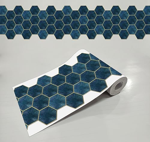 Image of WallDesign Teal Blue Hexagon Self-Adhesive Tile Stickers For Cupboard, Panel, Cabinet, Furniture, Table, Glass, Wall - 6.25 Inches X 10 Ft Border