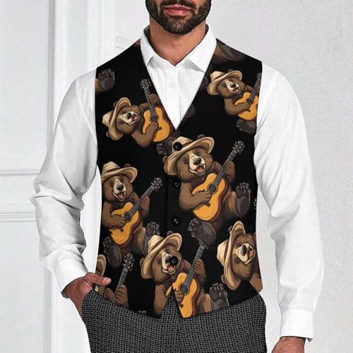Bear Playing Guitar Men's Suit Vests Business Formal Dress Vest V-Neck Waistcoat for Wedding Casual2